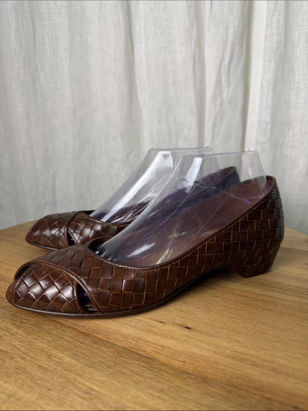 Sesto Meucci Brown Woven Leather Peep-Toe Flats